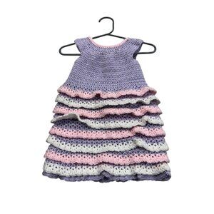 newborn baby girls dress 0-3 months pink purple white ruffles hand crocheted
